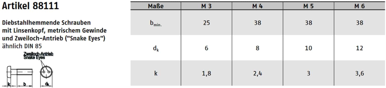 Technische Zeichnung Diebstahlhemmende Schraube Zweiloch Edelstahl A2