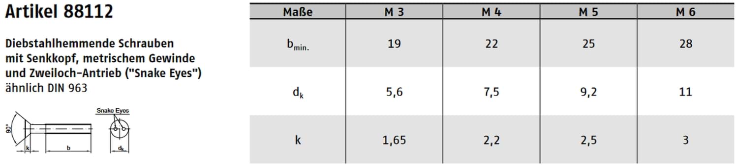 Technische Zeichnung – Zweiloch Seko Schrauben Edelstahl A2 Senkkopf