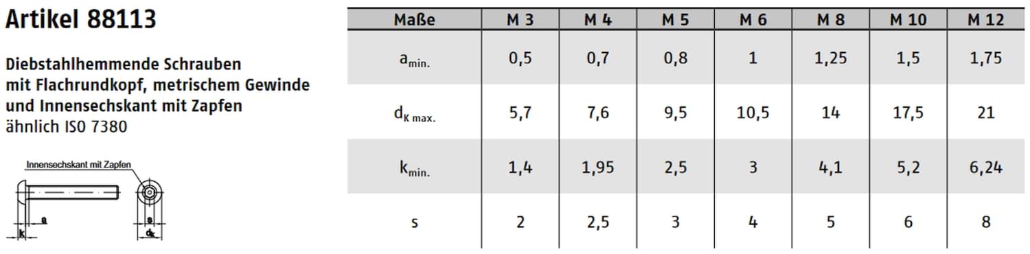 Technische Zeichnung – ISK Pin Schrauben Flako Edelstahl A2 Flachkopf