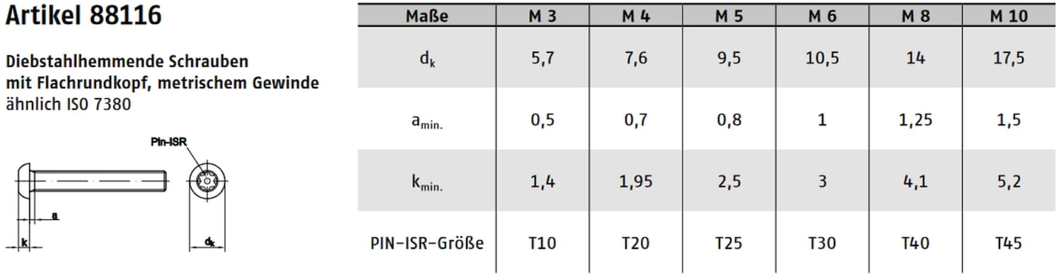 Technische Zeichnung – Linsenkopf Schraube PIN-TX Edelstahl A2