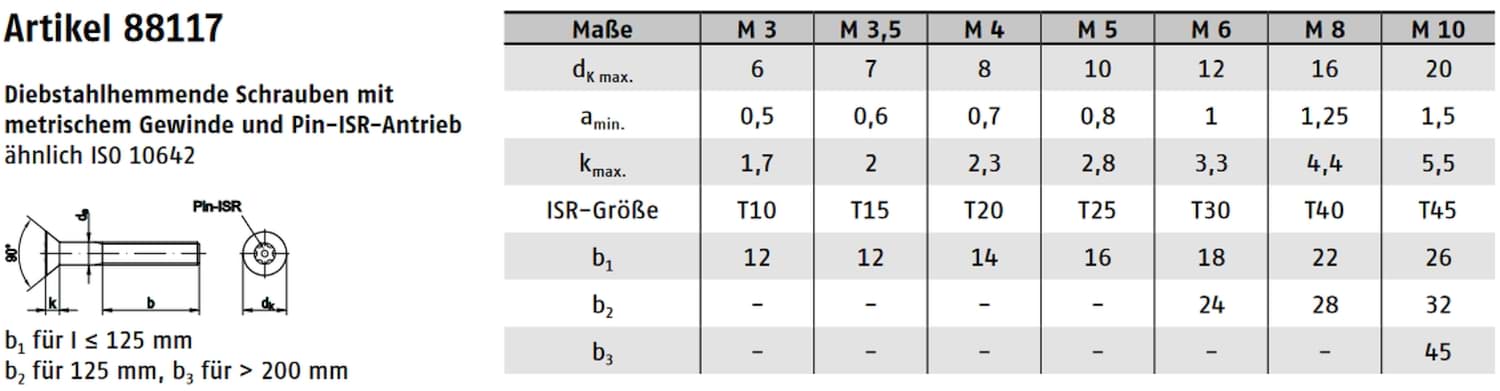 Technische Zeichnung – Senkkopf Schraube PIN-TX Edelstahl A2