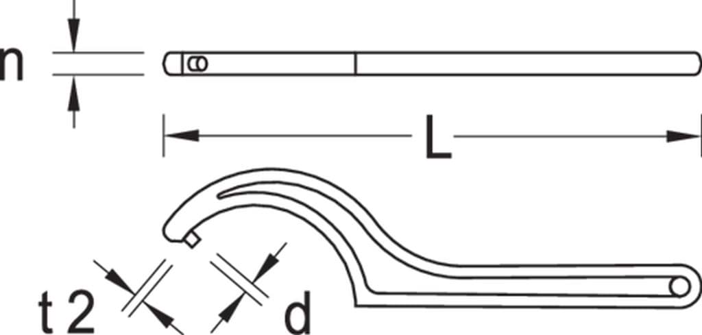Hakenschlüssel DIN 1810 Form B – Foto mit Maßskizzen-L, d, t2, n