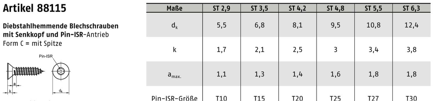 Technische Zeichnung – Blechschrauben PIN-ISR Seko Edelstahl A2 Senkkopf