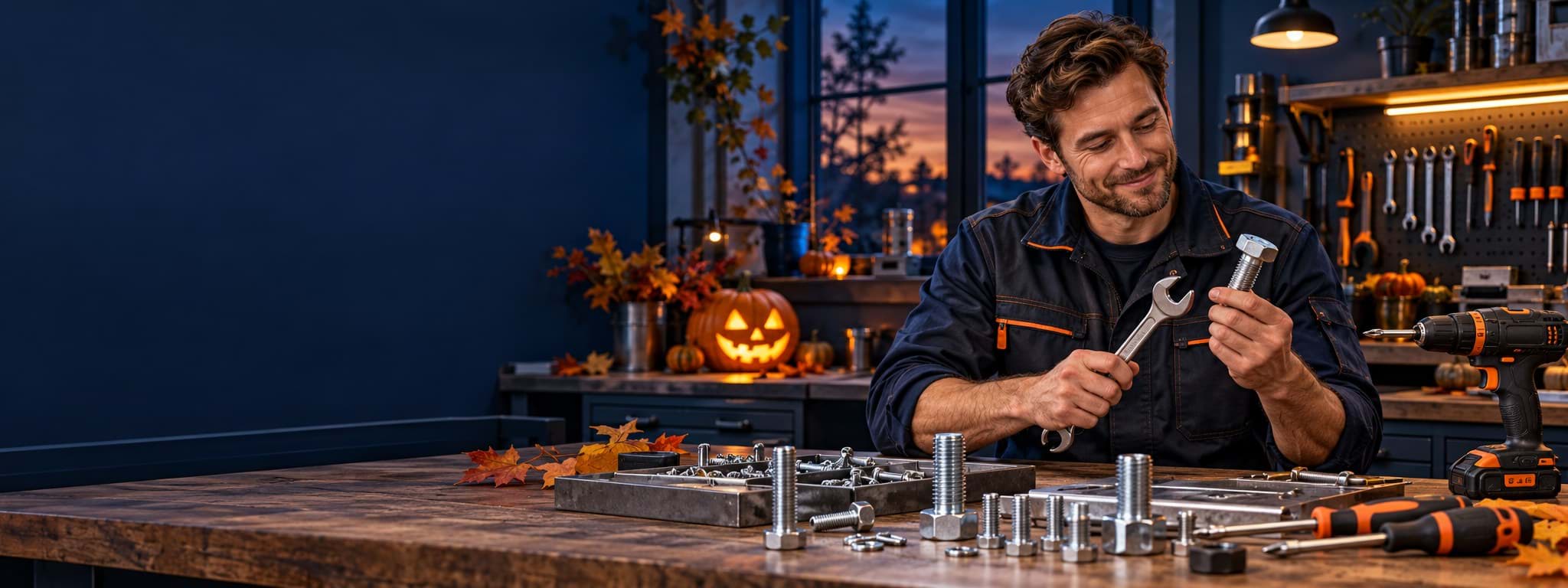 Freundlicher Handwerker mit Schrauben und Werkzeugen in einer herbstlich dekorierten Halloween-Werkstatt